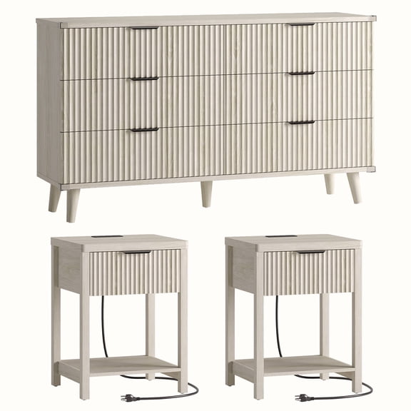 Laintene 3-Piece Boho Bedroom Set - 6-Drawer Dresser & 2 Nightstands with Drawer & USB Charging, Fluted Wooden Storage, Modern Dresser & Nightstand Combo, White Oak