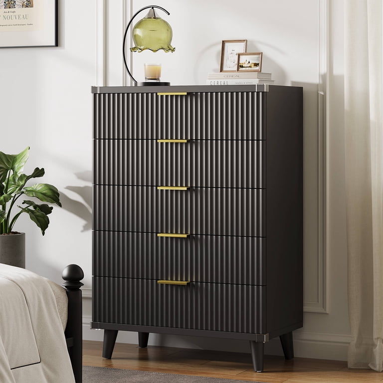 Laintene Solid Wood 5-Drawer Tall Dresser, Black, Slim Boho Bedroom Furniture, Closet & Small Spaces