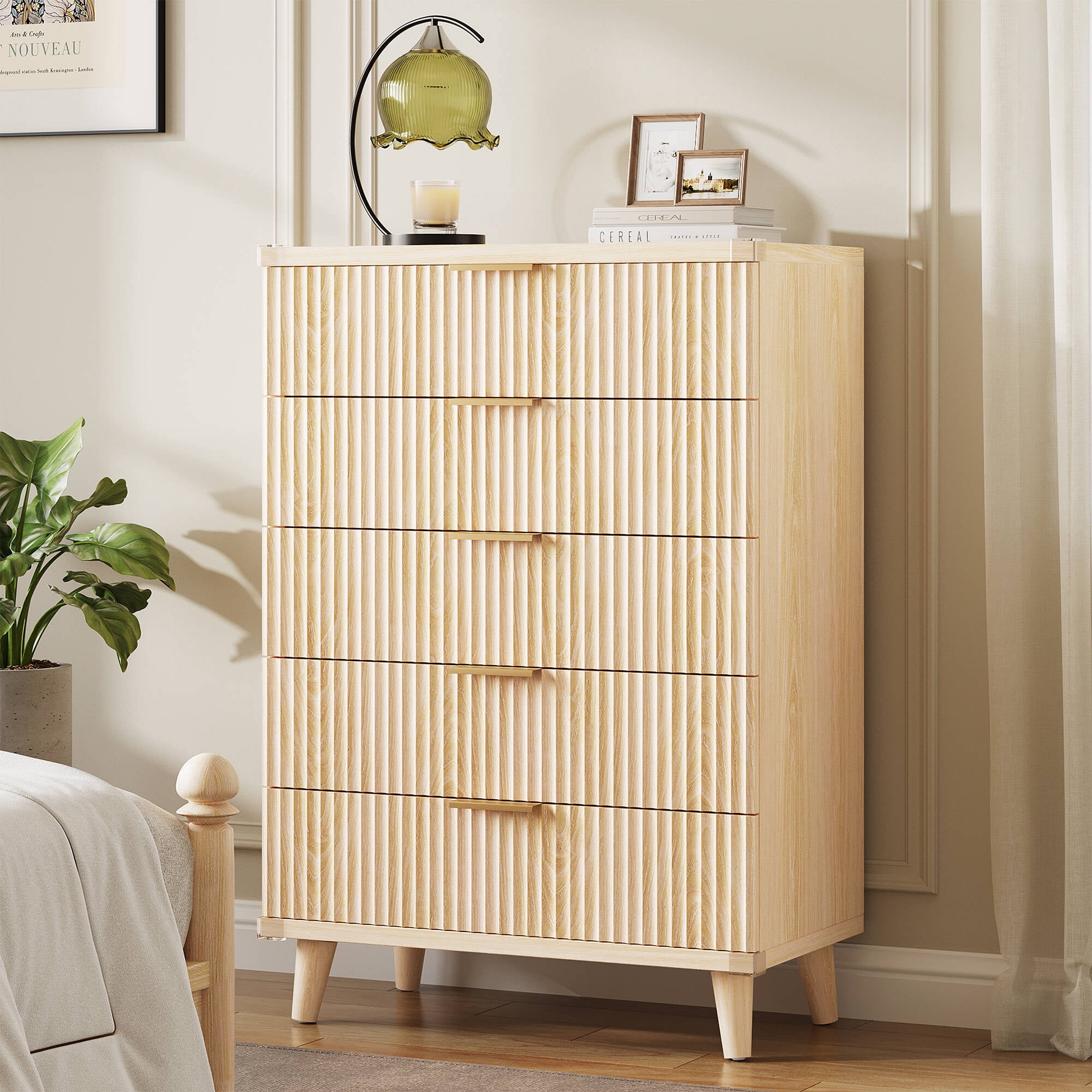 small boho dresser Laintene 5-Drawer Tall for Bedroom, Slim Bedroom Furniture with Fluted Wave Design, Solid Wood Dresser, Closet & Spaces, Natural Resort 2023 Zara | Dresses | Color:Yellow/White century design
