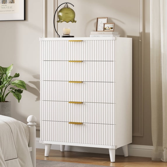 Laintene 5-Drawer Tall Dresser for Bedroom, Slim Boho Bedroom Furniture with Fluted Wave Design, Solid Wood Dresser, Closet & Small Spaces, White