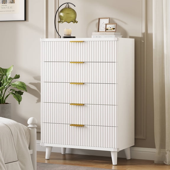 Laintene 5-Drawer Tall Dresser for Bedroom, Slim Boho Bedroom Furniture with Fluted Wave Design, Solid Wood Dresser, Closet & Small Spaces, White