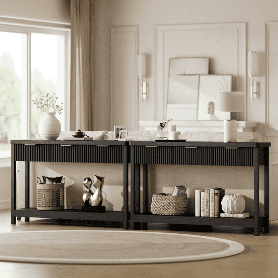 Laintene Console Table for Entryway, 51" Fluted Sofa Table with 3 Drawers and Open Shelf, Modern Narrow Display Shelf for Hallway Living Room, Black Set of 2