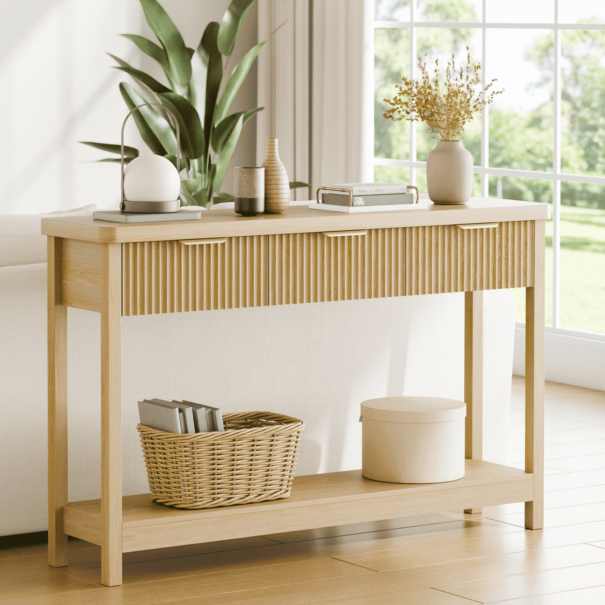 Laintene Fluted Console Table, 51" Narrow Entryway Table with 3 Drawers, Wood Console Sofa Table with Storage Open Shelf, Modern Display Shelf for Living Room Wall Hallway Foyer, Natural Oak