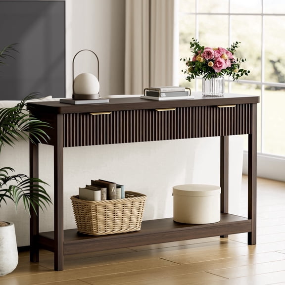 Laintene Fluted Console Table, 51" Narrow Entryway Table with 3 Drawers, Entry Sofa Table Behind Couch with Open Storage Shelf, Modern Display Shelf for Living Room Hallway, Walnut