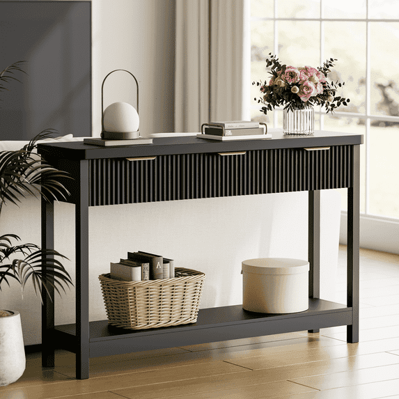 Laintene Fluted Console Table, 51" Narrow Entryway Table with 3 Drawers, Console Table Sofa Table with Storage Open Shelf, Modern Display Shelf for Hallway Living Room, Black