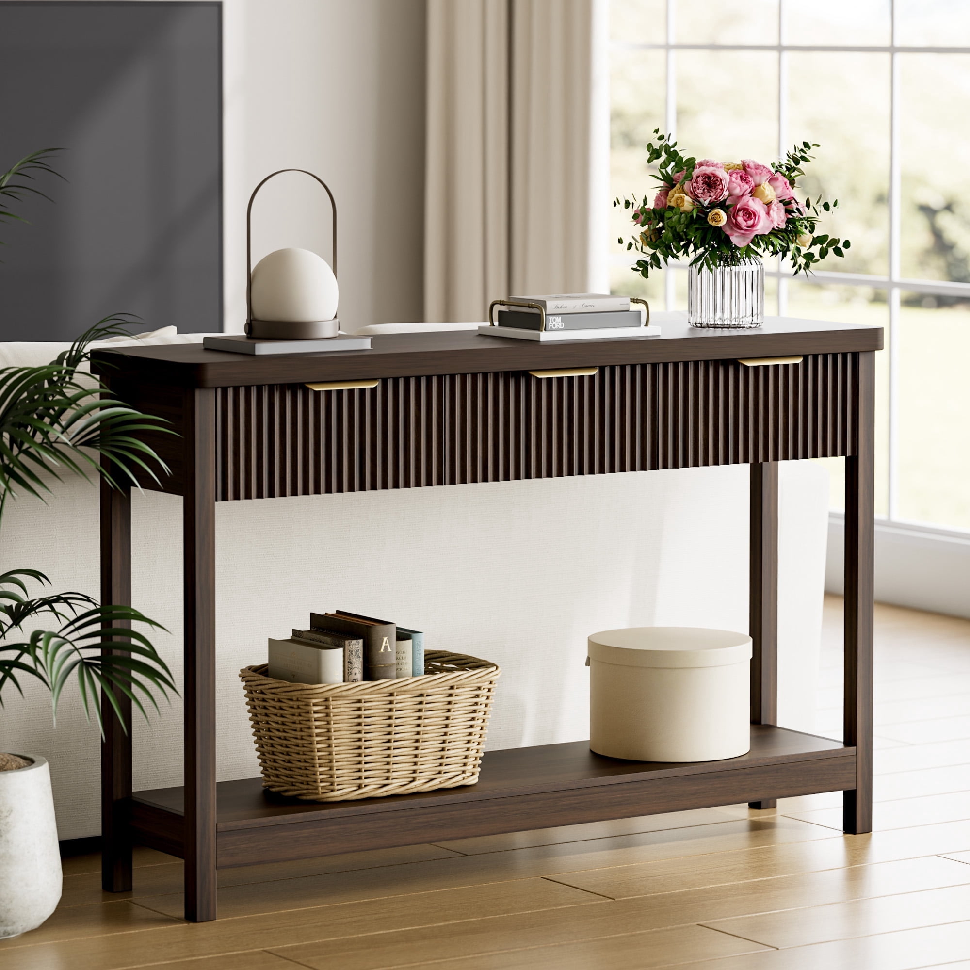 Laintene Fluted Console Table, 51" Narrow Entryway Table with 3 Drawers, Console Table Sofa Table with Storage Open Shelf, Modern Display Shelf for Hallway Living Room, Walnut