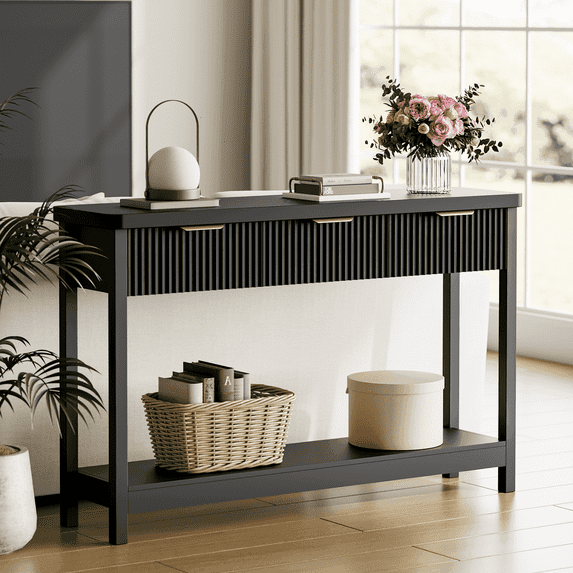 Laintene Fluted Console Table, 51" Narrow Entryway Table with 3 Drawers, Console Table Sofa Table with Storage Open Shelf, Modern Display Shelf for Hallway Living Room, Black