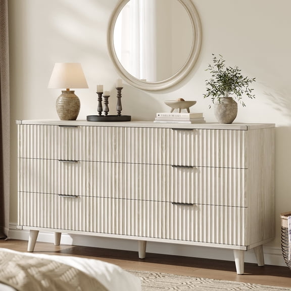Laintene 6 Drawer Dresser for Bedroom, 53" Wide Dressers & Chest of Drawers, Boho Fluted Dresser with Wave Panel Design, Modern Storage Dressers Organizer for Living Room,White Oak