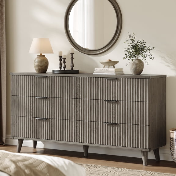 Laintene 6 Drawer Dresser for Bedroom, 53" Wide Dressers & Chest of Drawers, Boho Fluted Dresser with Wave Panel Design, Modern Storage Dressers Organizer for Living Room,Dark Grey Oak