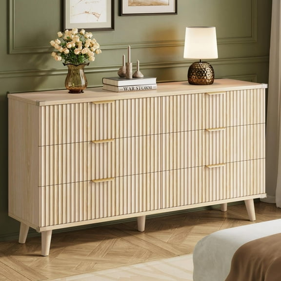Laintene 6 Drawer Dresser for Bedroom, Boho Fluted Dresser with Wave Panel Design, Modern Wood Chest of Drawers for Living Room & Entryway, Natural