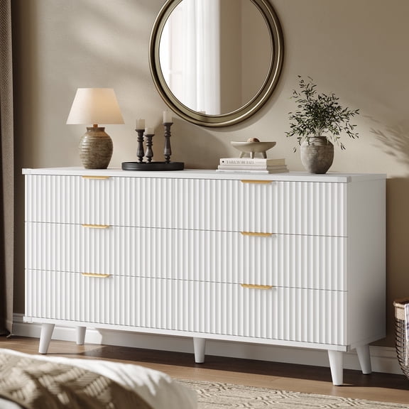 Laintene White Dresser for Bedroom, 53" Wide Dressers & Chest of Drawers, Boho Fluted Dresser with Wave Panel Design, Modern 6 Drawer Dressers for Living Room