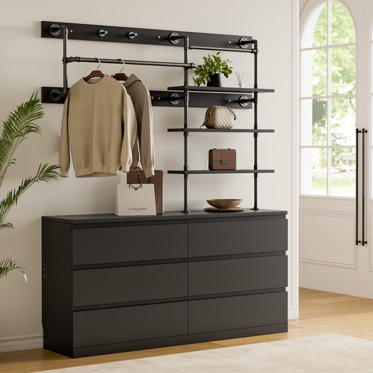 black industrial dresser Laintene 6 Drawer with Pipe Clothing Rack, 53.9