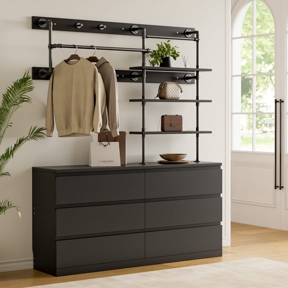 Laintene 6 Drawer Dresser with Industrial Pipe Clothing Rack, 53.9" Wood Chest of Drawers with Hanging Rods & Open Shelves, Heavy Duty Wall Mounted Closet for Bedroom, Black