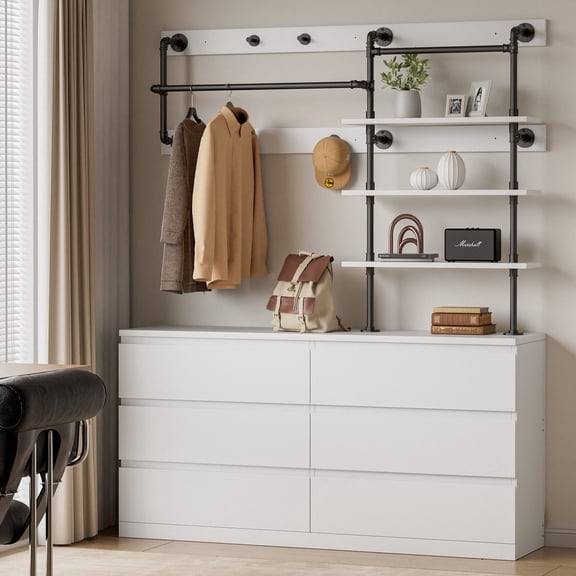 Laintene 6 Drawer Dresser with Industrial Pipe Clothing Rack, 53.9" Wood Chest of Drawers with Hanging Rods & Open Shelves, Heavy Duty Wall Mounted Closet for Bedroom, White