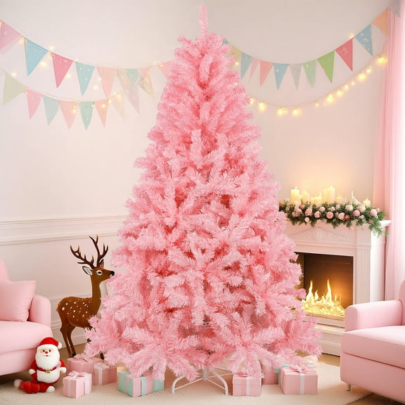 Laintene Pink Christmas Tree, 6ft unlit Christmas Tree W/ 800 Hinged Branch Tips, Premium Spruce Artificial Xmas Tree with Folding Metal Stand, for Indoor/Outdoor Holiday Decoration