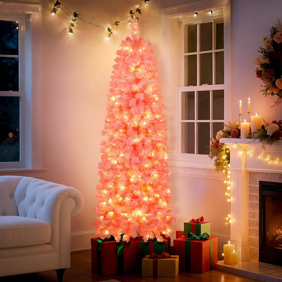 Laintene 6FT Snow Flocked Pencil Christmas Tree, Artificial Pink Christmas Tree with 502 Hinged Branch Pre-lit Christmas Tree with 200 Warm White LED Lights, Xmas Tree with Metal Stand