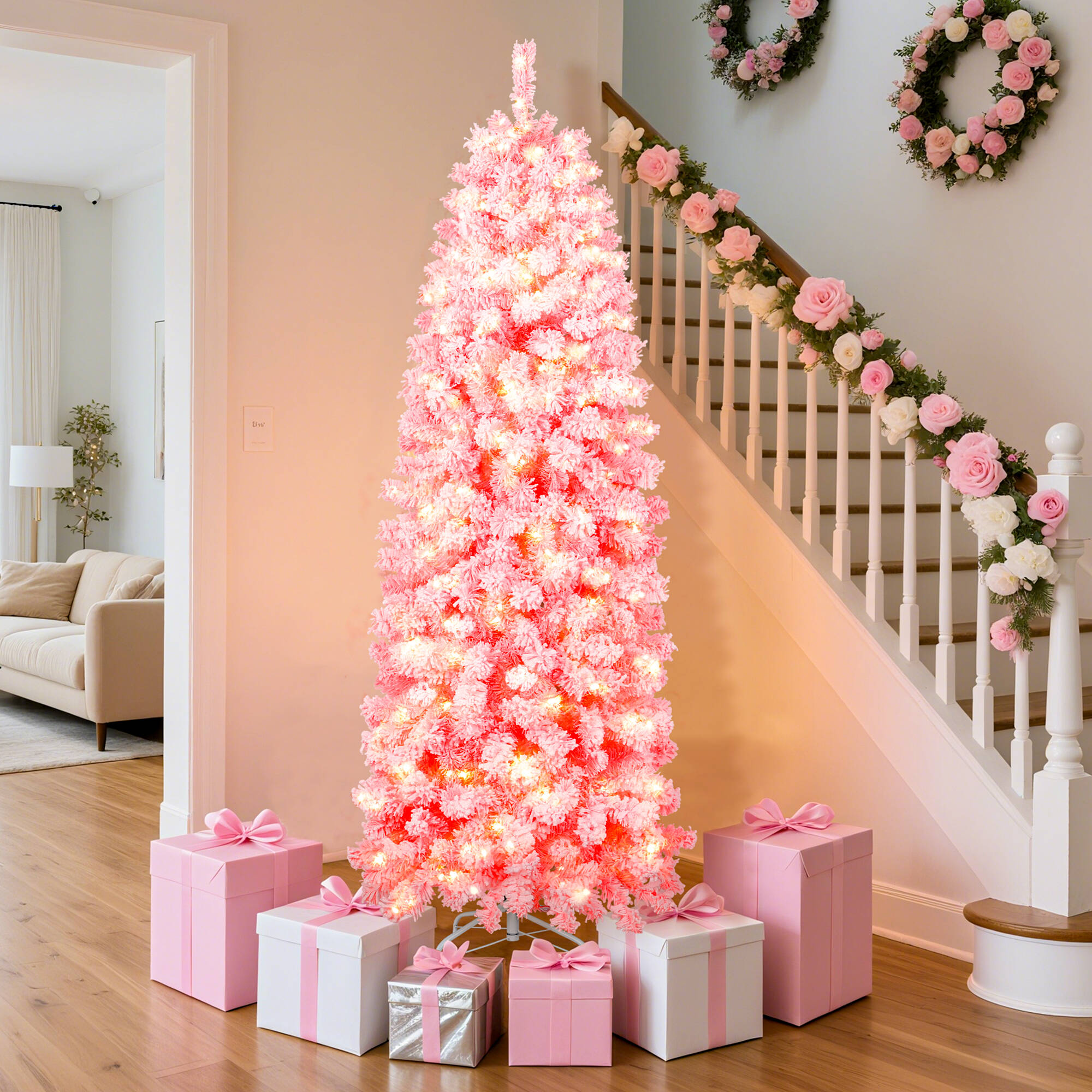 Laintene 6FT Snow Flocked Pencil Christmas Tree, Artificial Pink Christmas Tree with 502 Hinged Branch Pre-lit Christmas Tree with 200 Warm White LED Lights, Xmas Tree with Metal Stand
