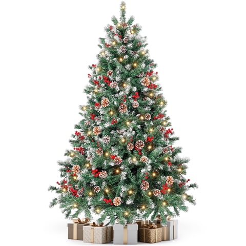 Aufeile 6ft Pre-Lit Christmas Tree, Hinged Xmas Tree, 800 Tips, 250 Warm LED Lights, 54 Pine Cones & Berries, Indoor Outdoor Decor