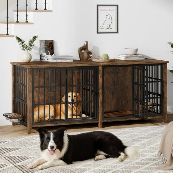 Laintene 78 Inch Double Dog Crate Furniture with Dog Bowls & Removable Divider - Heavy Duty Wooden Extra Large Dog Kennel Indoor for 2 Medium or 1 Large Dogs, Indoor Pet Cage, Brown