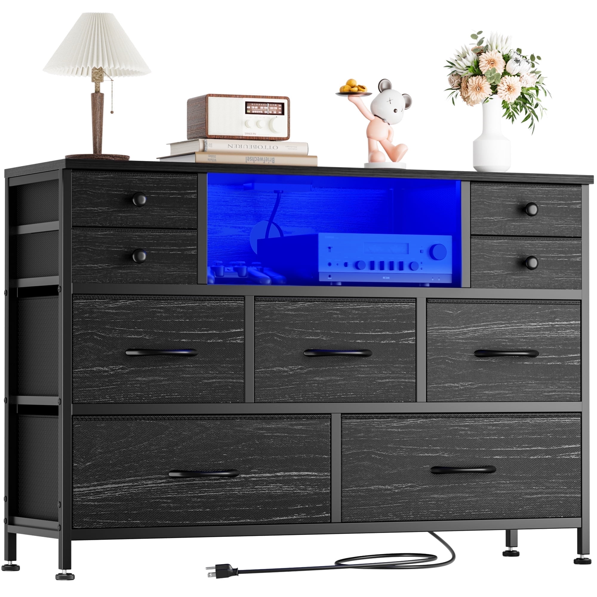 Laintene Dresser for Bedroom, 9 Fabric Chest of Drawers with LED Lights ...
