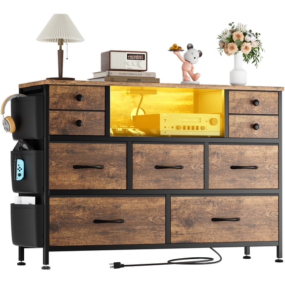 Laintene Dresser for Bedroom, 9 Fabric Chest of Drawers with LED Lights Power Outlets, TV Stand Storage Dresser for Living Room, Entryway, Brown