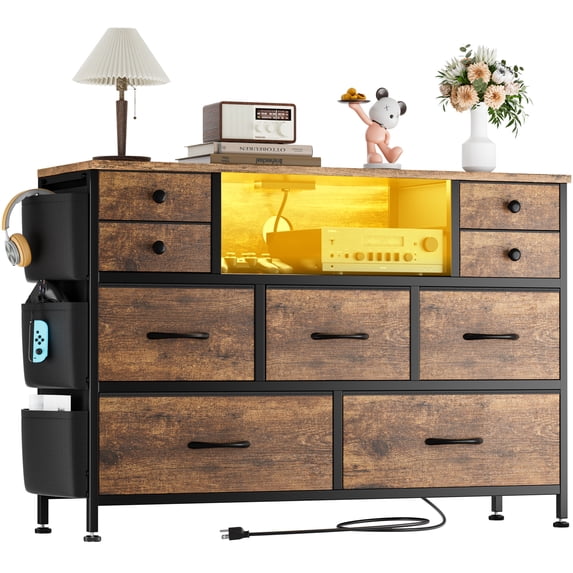 Laintene Dresser for Bedroom, 9 Fabric Chest of Drawers with LED Lights Power Outlets, TV Stand Storage Dresser for Living Room, Entryway, Brown