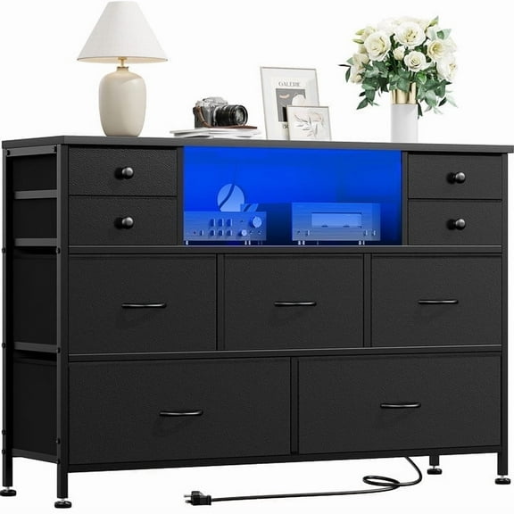 Laintene Dresser for Bedroom, 9 Fabric Chest of Drawers with LED Lights Power Outlets, Black 50" TV Stand Storage Dresser for Living Room, Entryway