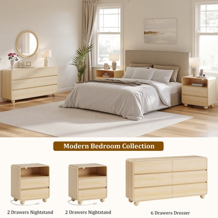 Laintene 3 Piece Dresser and Nightstand Set, 6 Drawer Dresser for Bedroom with 2 Nightstands Set, 53" Wood Chest of Drawers & Nightstands with Charging Station, Modern Bedroom Set, Natural