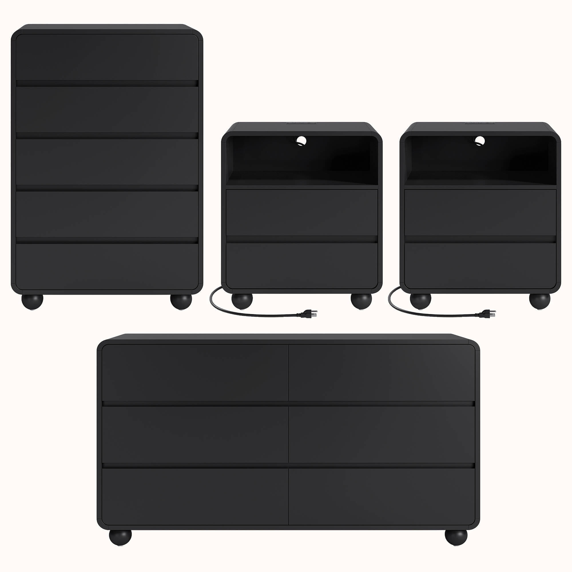 Laintene 4 Piece Bedroom Furniture Set, 6 Drawer Dresser & 5 Drawer Dresser with 2 Nightstands Set, Wood Chest of Drawers with Charging Station, Modern Dresser and Nightstand Set, Black - Walmart.com