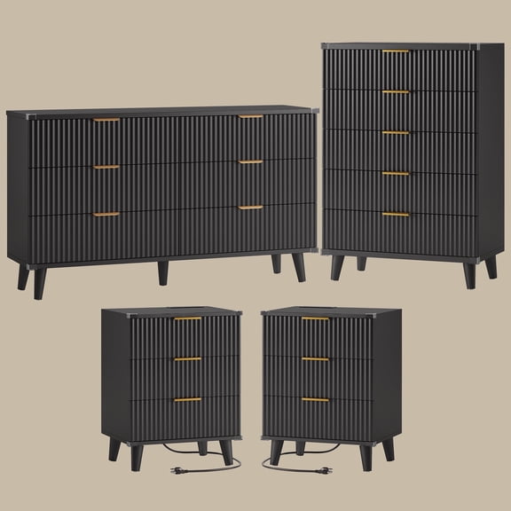 Laintene Boho Bedroom Set of 4 - 6 Drawer Dresser, 5 Drawer Vertical Dresser & 2 Nightstands with 3 Drawers & USB Charging, Fluted Wooden Storage for Modern Bedroom, Black