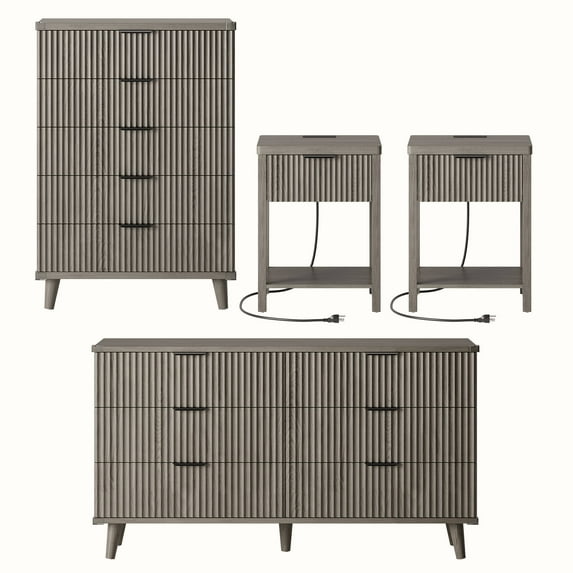 Laintene Boho Bedroom Set of 4 - 6 Drawer Dresser, 5 Drawer Vertical Dresser & 2 Nightstands with Drawer & USB Charging, Fluted Wooden Storage for Modern Bedroom, Dark Grey Oak