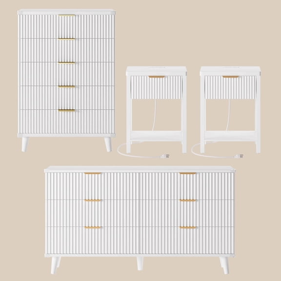 Laintene Boho Bedroom Set of 4 - 6 Drawer Dresser, 5 Drawer Vertical Dresser & 2 Nightstands with Drawer & USB Charging, Fluted Wooden Storage for Modern Bedroom, White