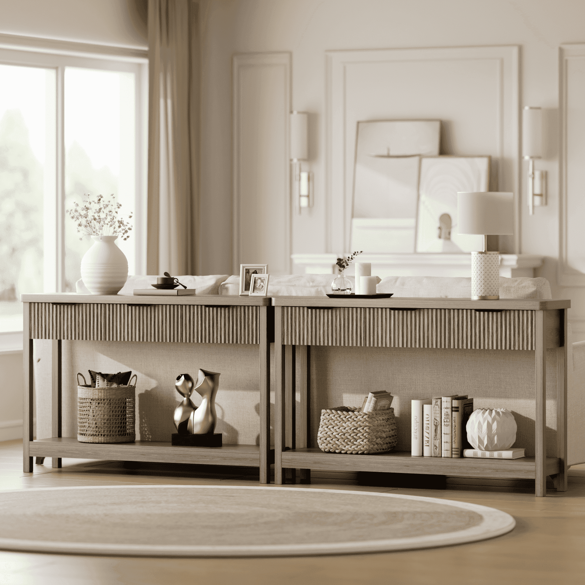 Laintene Console Table for Entryway, 51" Fluted Sofa Table with 3 Drawers and Open Shelf, Modern Narrow Display Shelf for Hallway Living Room, Gray Oak Set of 2