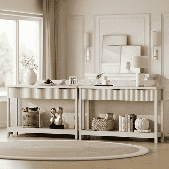 Laintene Console Table for Entryway, 51" Fluted Sofa Table with 3 Drawers and Open Shelf, Modern Narrow Display Shelf for Hallway Living Room, White Oak Set of 2