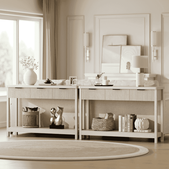 Laintene Console Table for Entryway, 51" Fluted Sofa Table with 3 Drawers and Open Shelf, Modern Narrow Display Shelf for Hallway Living Room, White Oak Set of 2