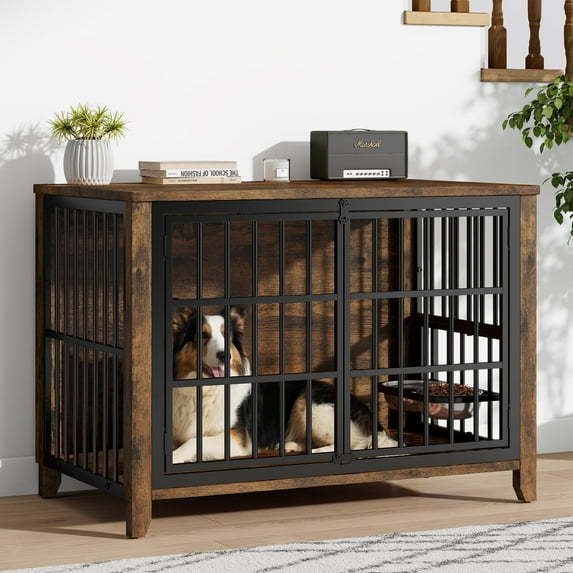 Laintene 37" Dog Crate Furniture with Bowls, Wooden Dog Crate Indoor, Inside Dog Kennels for Medium Large Dogs, Heavy Duty Dog Cage Table, Brown