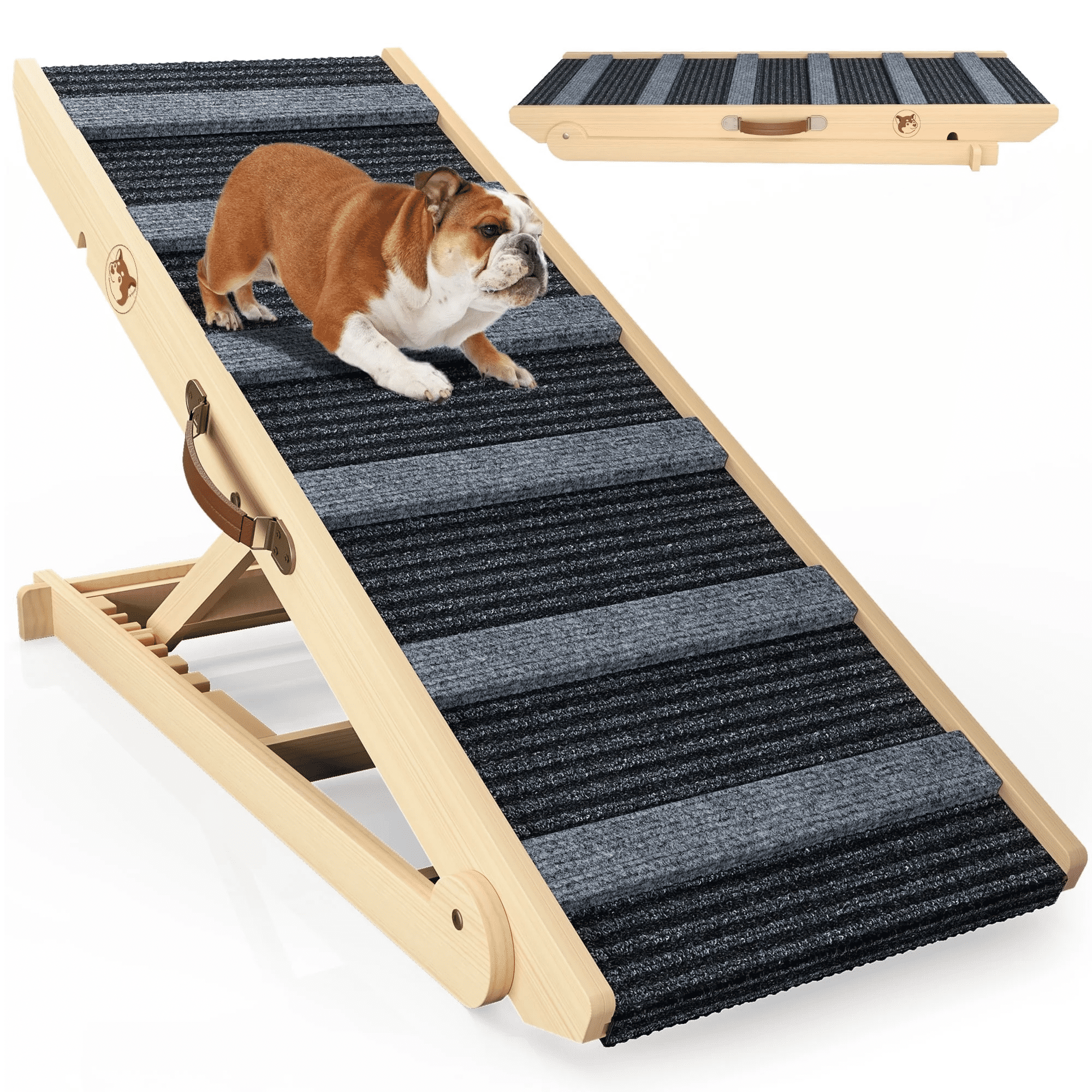 Laintene Dog Ramp for Bed, Wooden Adjustable Pet Ramp for Dogs and Cats, 7 Adjustable Height for 10.8" to 26.6", Portable Dog Ramp for Couch, Car