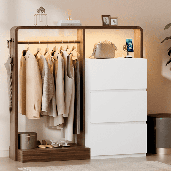 Laintene Dresser for Bedroom with Hanging Closet, 3 Drawers Dresser with LED Lights & Charging Station, 3-in-1 Wooden Storage Chest of Drawers for Bedroom, White & Brown