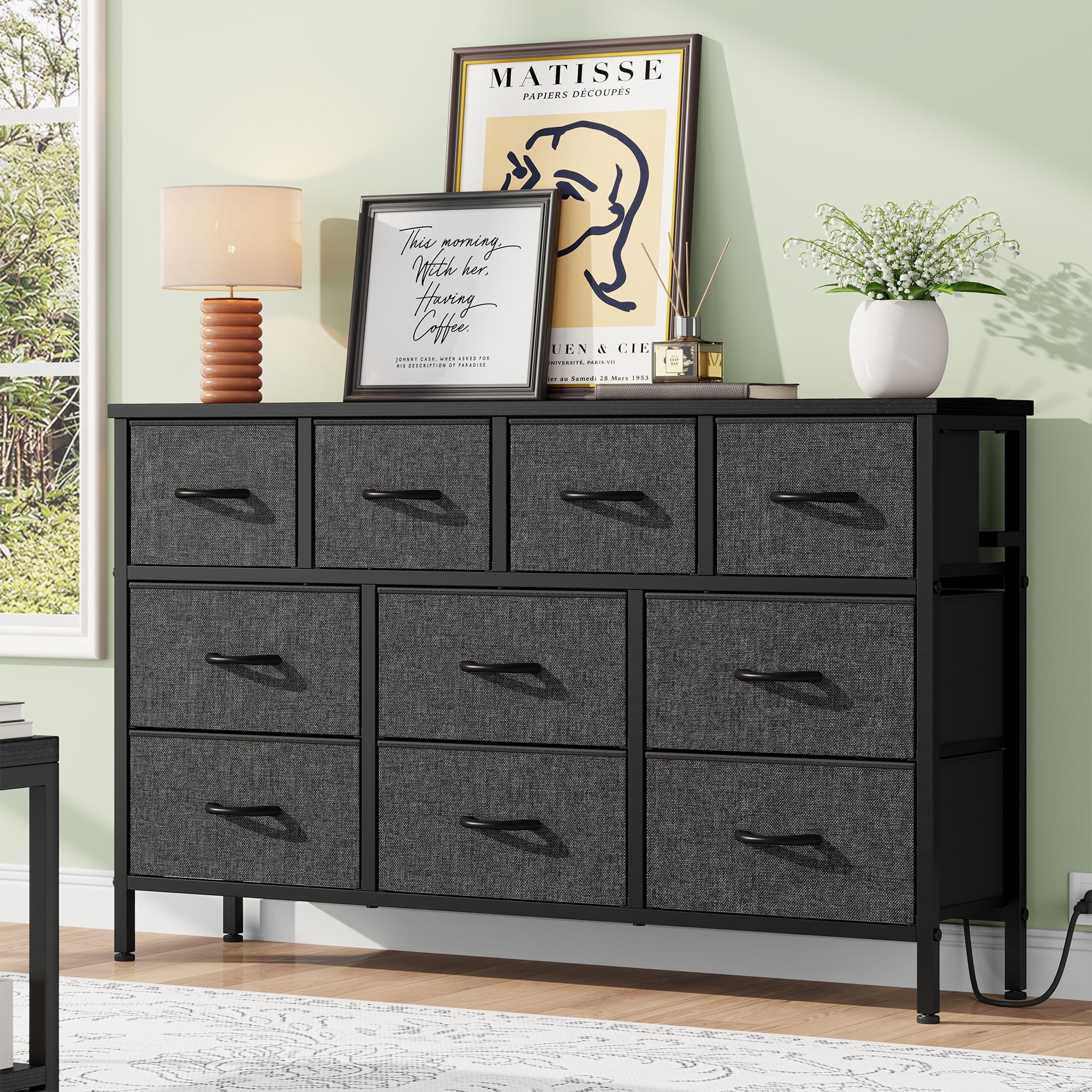 Laintene Dresser TV Stand with 10 Drawer, 50" TV Stand with Power Outlet, Fabric Dressers for Bedroom, Wooden Top for Storage, Chest of Drawers for Living Room, Hallway, Entryway, Gray