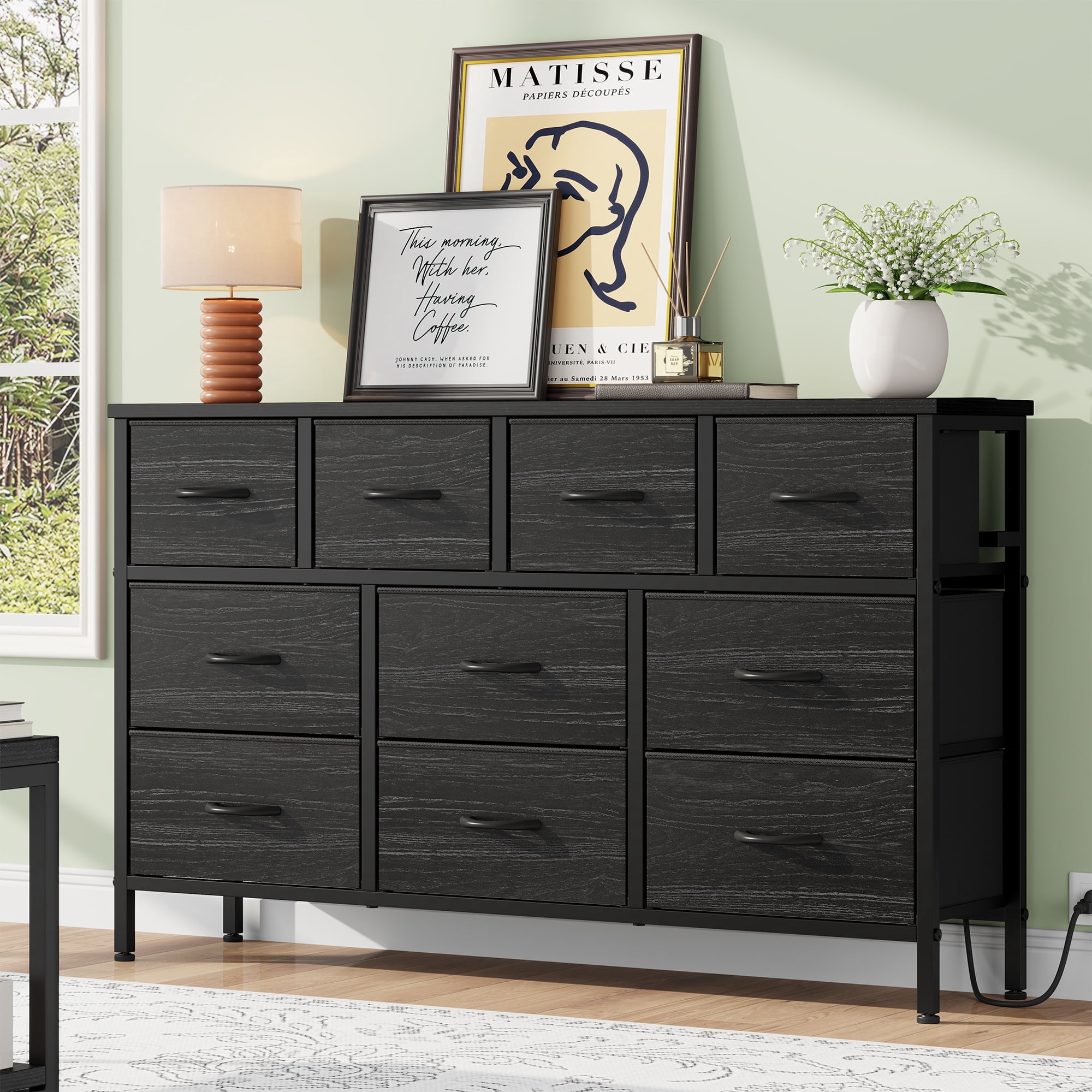 Laintene Black Dresser TV Stand, 10 Drawer Dresser with Power Outlet, Fabric Chest of Drawers for Bedroom, Wooden Top for Storage, 50" TV Stands for Living Room, Closet, Hallway, Entryway