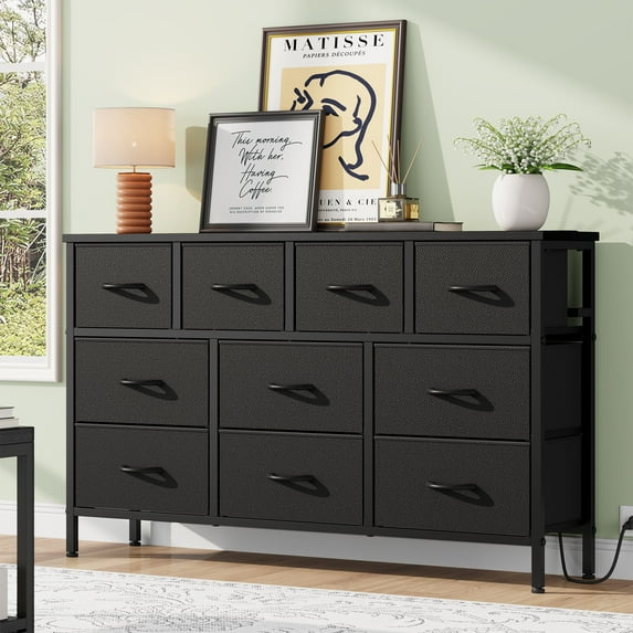 Laintene Dresser TV Stand for 50 inch TV, 10 Drawer Wide Dresser with Power Outlet, Wooden Top for Storage, Fabric Chest of Drawers for Bedroom, Closet, Living Room, Hallway, Entryway, PU Black