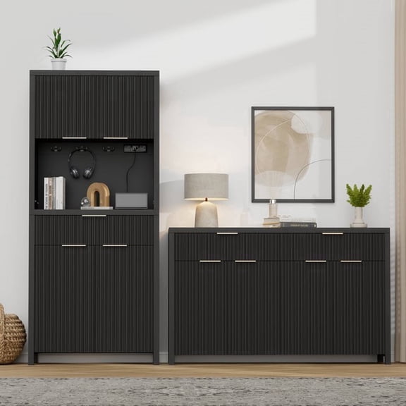 Laintene Storage Cabinet Furniture Set- Tall Fluted Pantry Cabinet with Power Outlet, 55" L Sideboard Buffet Cabinet with 2 Drawers, Adjustable Shelves for Kitchen Storage, Black