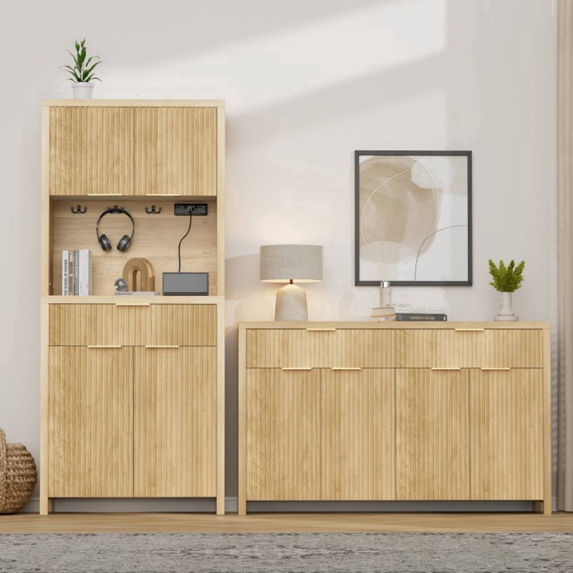 Laintene Fluted Storage Cabinet - 71" Tall Pantry with Power Outlet, 55" Long Sideboard Buffet with Drawers, Adjustable Shelves Kitchen Storage, Dining Furniture Set, Natural Oak