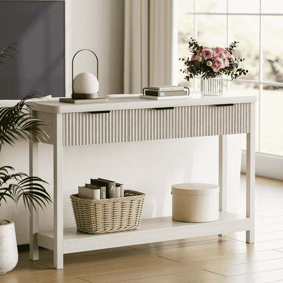 Laintene Fluted Console Table with 3 Drawers, 51" Narrow Entryway Table, Console Table Sofa Table with Storage Open Shelf, Modern Display Shelf for Hallway Living Room, White Oak