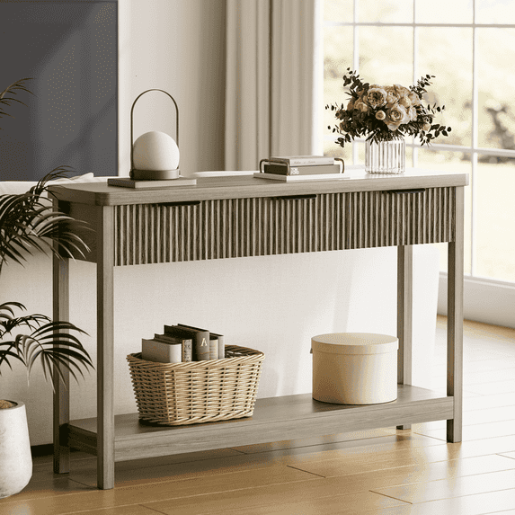 Laintene Fluted Console Table with 3 Drawers, 51" Narrow Entryway Table, Console Table Sofa Table with Storage Open Shelf, Modern Display Shelf for Hallway Living Room, Gray Oak