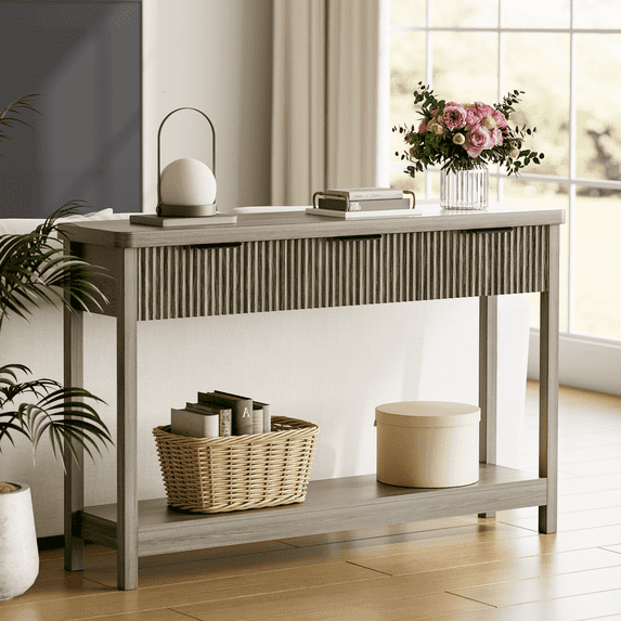 Laintene Fluted Console Table with 3 Drawers, 51" Narrow Entryway Table, Console Table Sofa Table with Storage Open Shelf, Modern Display Shelf for Hallway Living Room, Gray Oak
