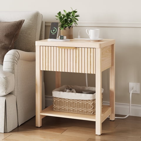 Laintene Fluted Nightstand with Charging Station - Modern Bedside Table with Drawer & Open Shelf, 2 AC Outlets + USB &Type-C for Bedroom & Living Room, Natural