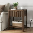 thumbnail image 1 of Laintene Fluted Nightstand with Charging Station - Modern Bedside Table with Drawer & Open Shelf, 2 AC Outlets + USB &Type-C for Bedroom & Living Room, Walnut, 1 of 7