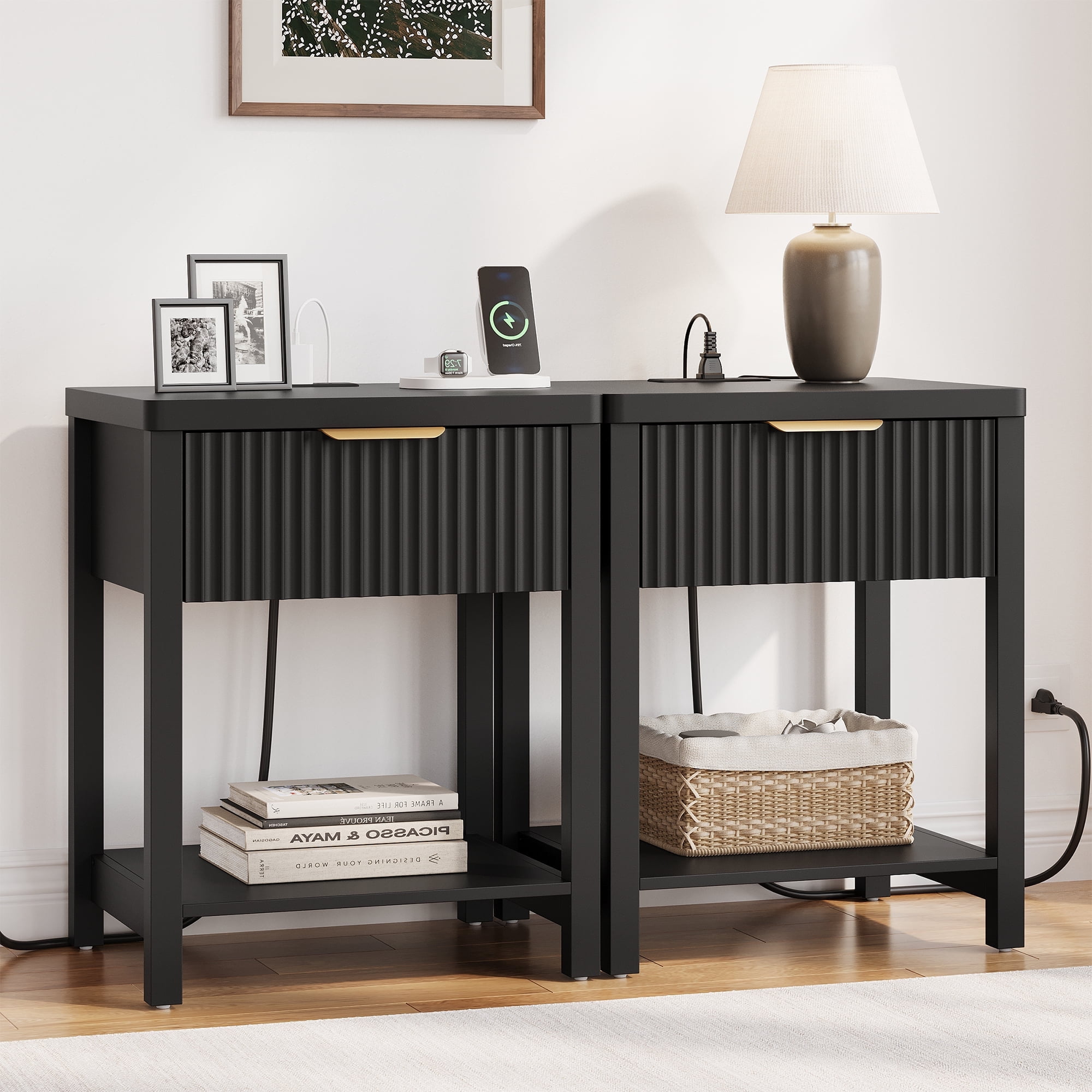 Laintene Nightstand for Bedroom Set of 2, Fluted Bedside Table with 2 ...