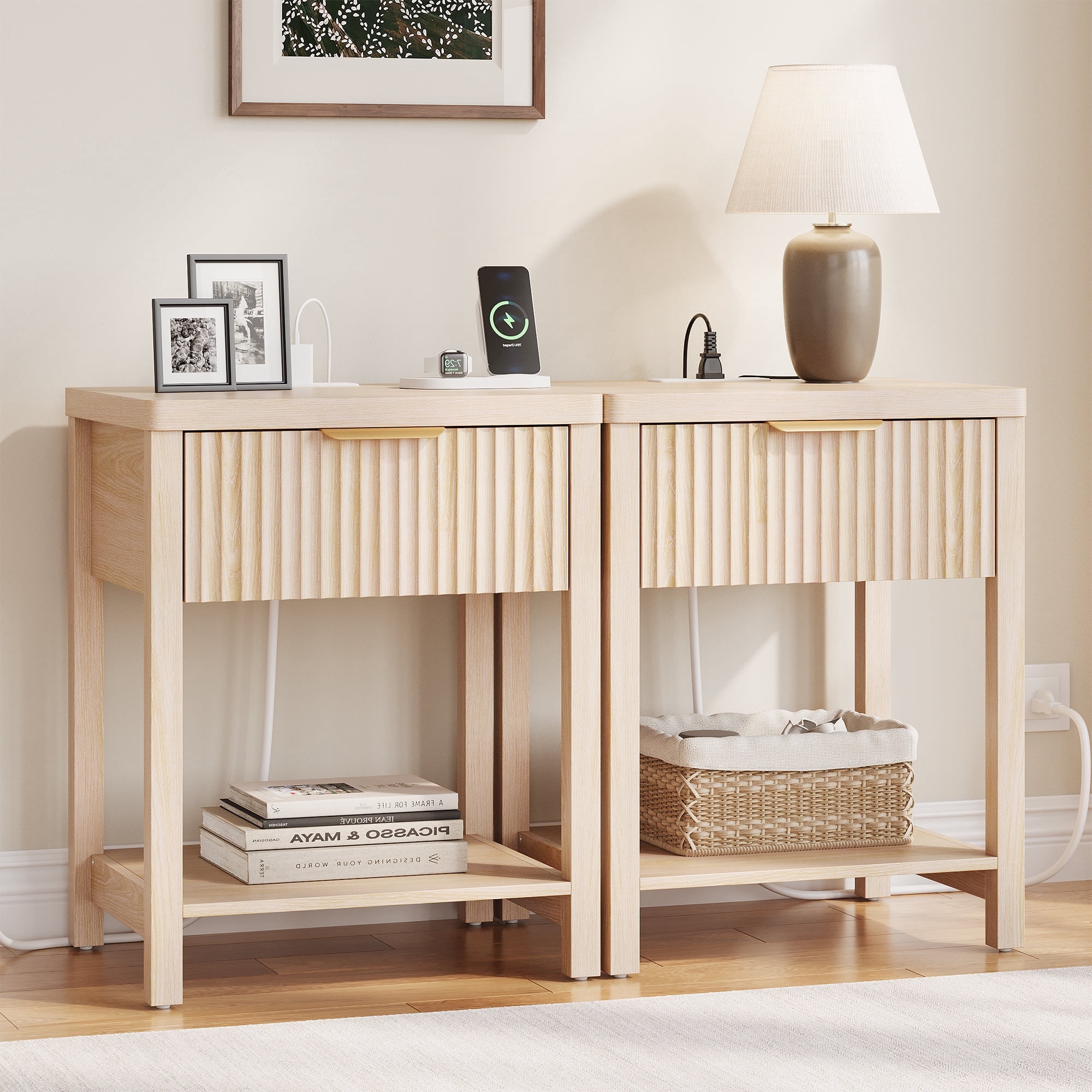 Laintene Nightstand for Bedroom Set of 2, Fluted Bedside Table with 2 AC Outlets & USB/Type-C Ports, Single Drawer & Open Shelf, Minimalist Wood End Table for Living Room, Natural